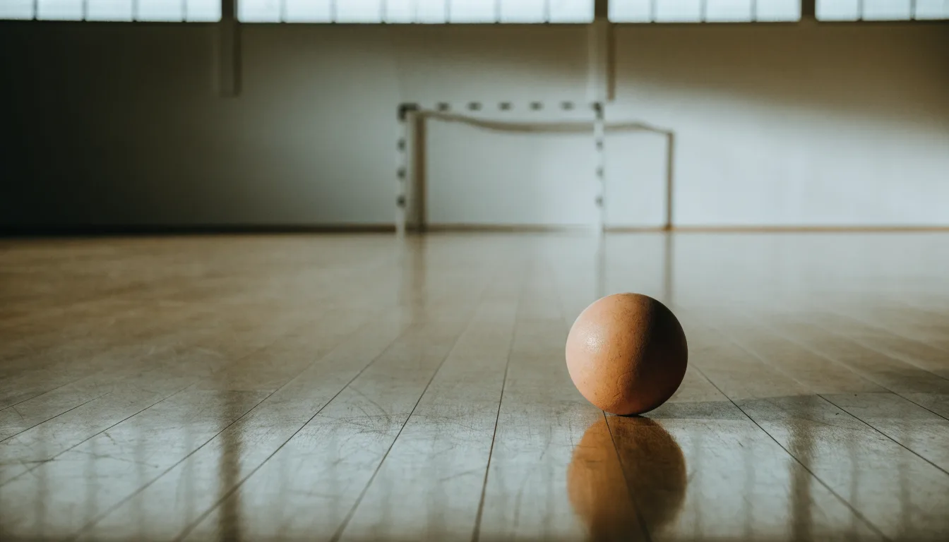Ein Handball liegt auf dem Hallenboden einer leeren Sporthalle, Streifen von Licht aus den Oberlichtern