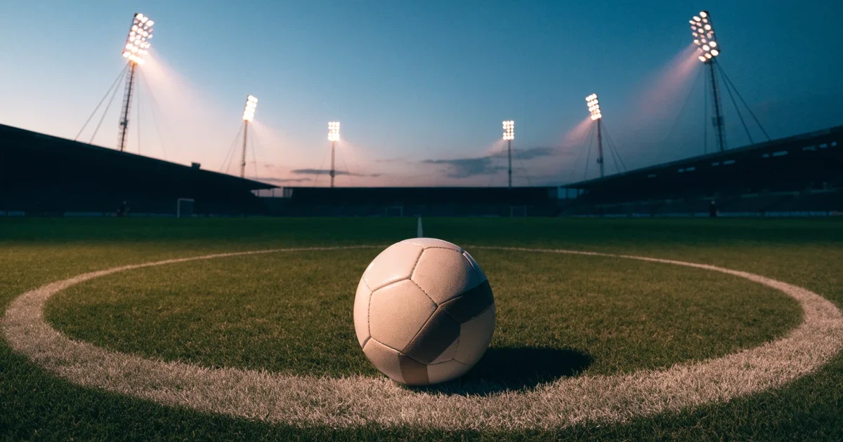 Ein Fussball liegt auf dem Anstosspunkt eines leeren Rasenplatzes in der Abenddämmerung, im Hintergrund leuchten Flutlichtmasten.