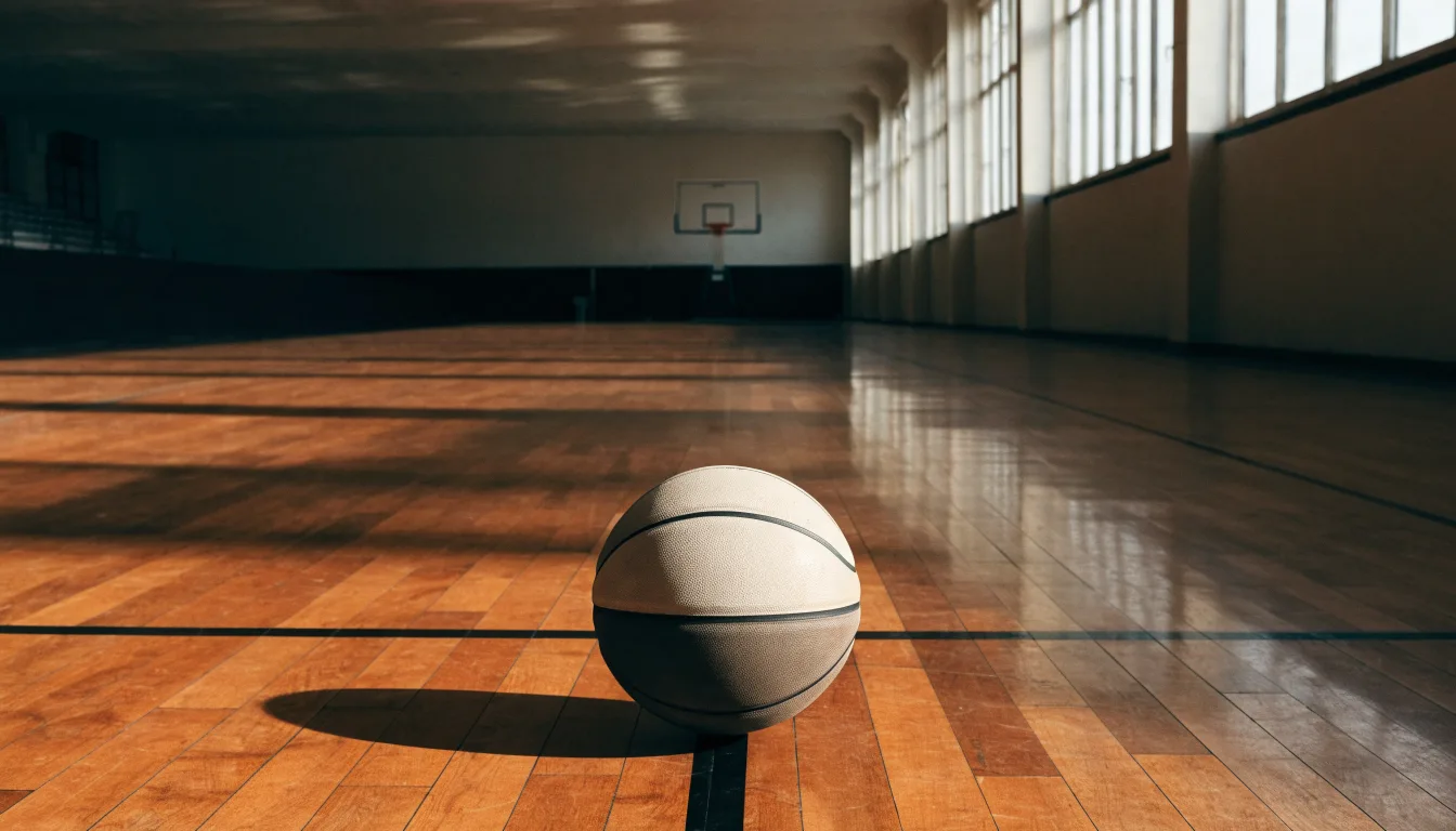 Ein Basketball ruht auf dem polierten Parkett einer leeren Halle, Nachmittagslicht fällt durch hohe Fenster.