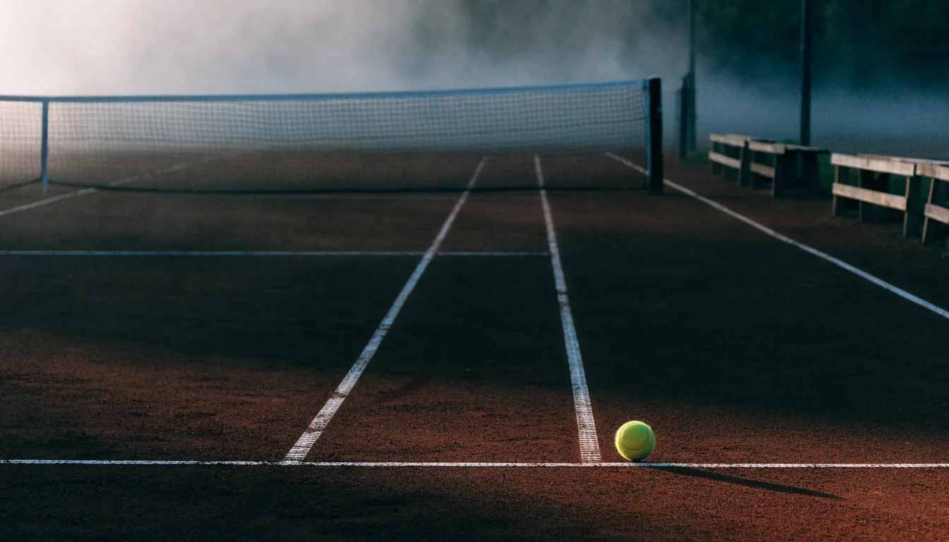 Ein gepflegter Tennisplatz im Morgengrauen, über der Grundlinie hängt leichter Nebel und die Bänke am Rand sind leer.