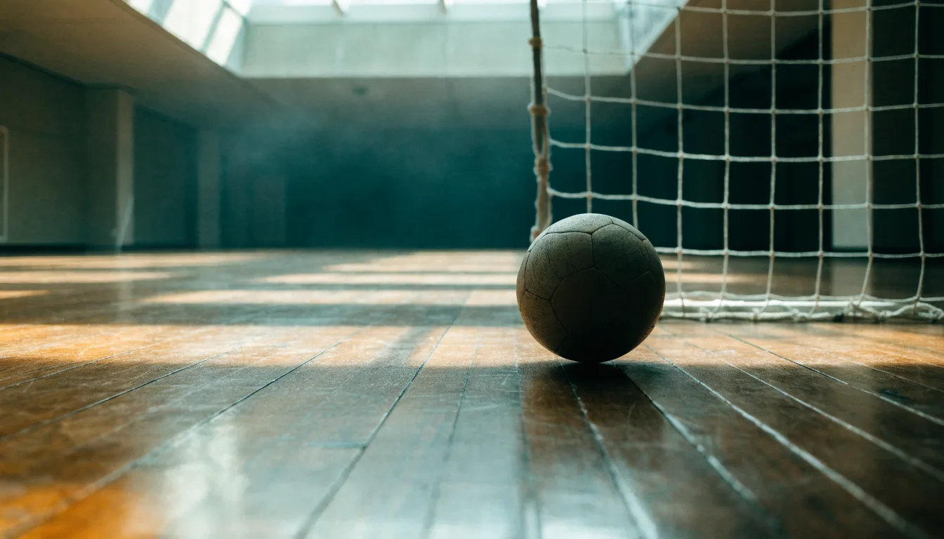 Ein Handball liegt am Rand des Torraums in einer leeren Sporthalle, Licht fällt durch Oberlichter auf den Hallenboden.
