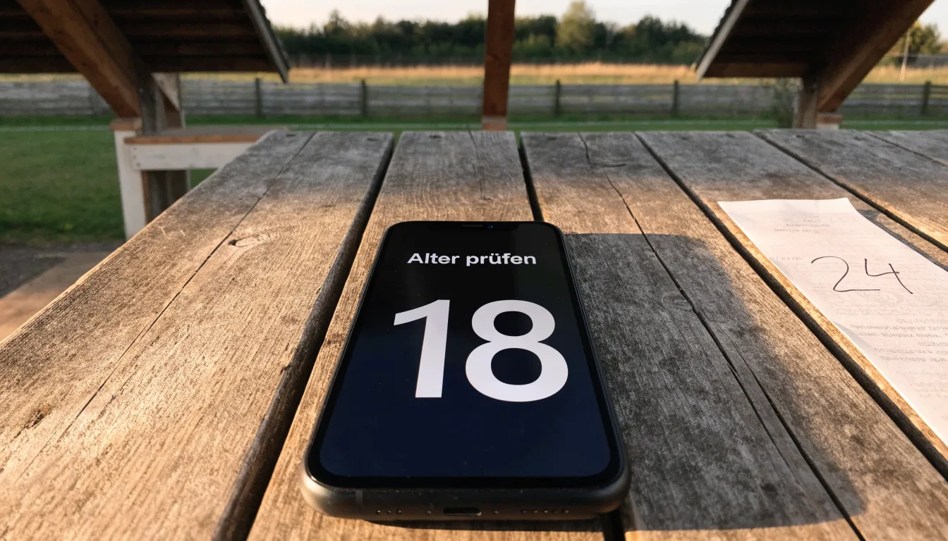 Eine leere Ersatzbank unter einem schmalen Dach am Rand eines Dorfsportplatzes, dahinter ein Holzzaun.