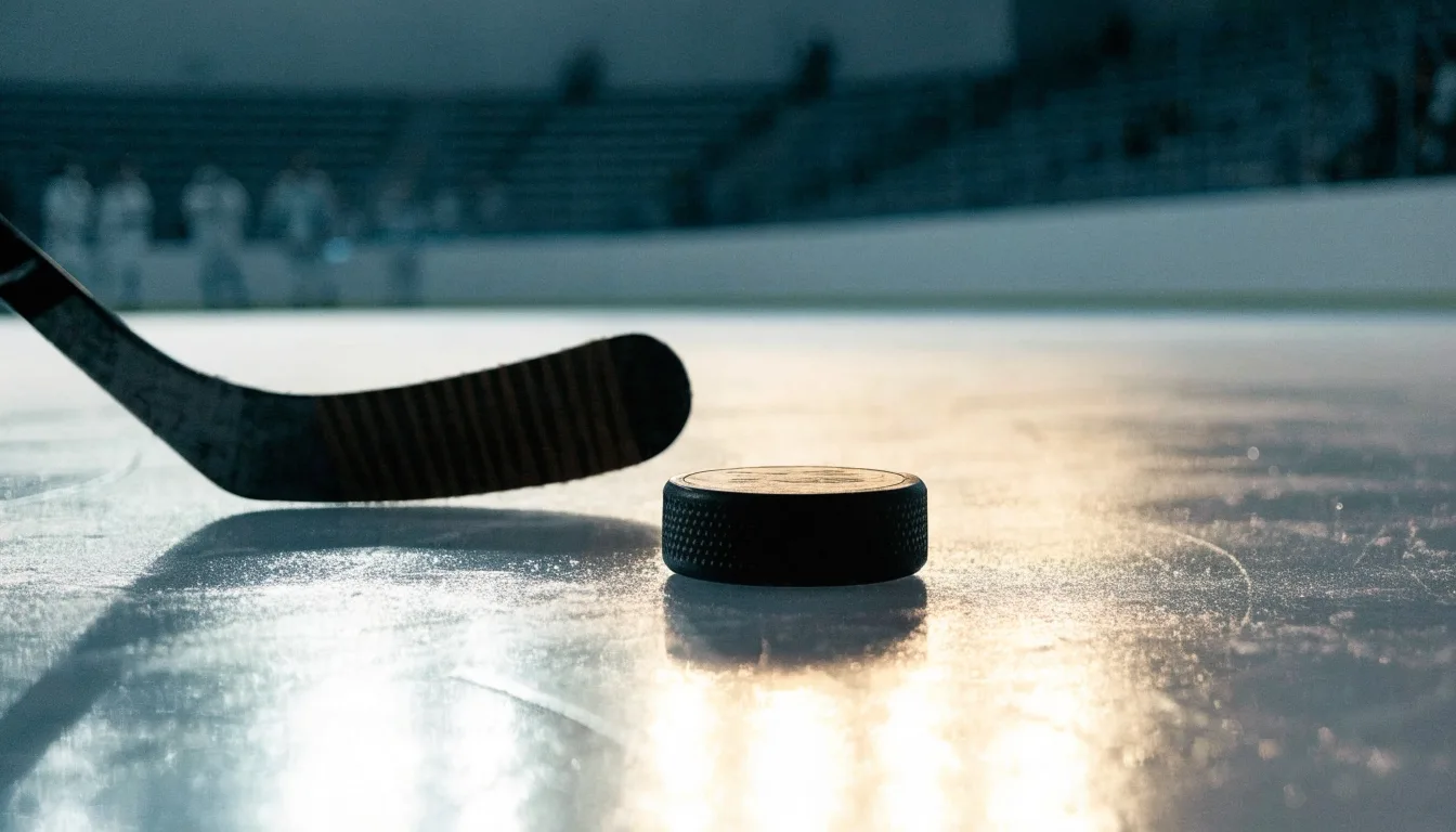 Ein Eishockeypuck und ein Schläger liegen auf einer glänzenden Eisfläche, im Hintergrund verschwimmen leere Banden.