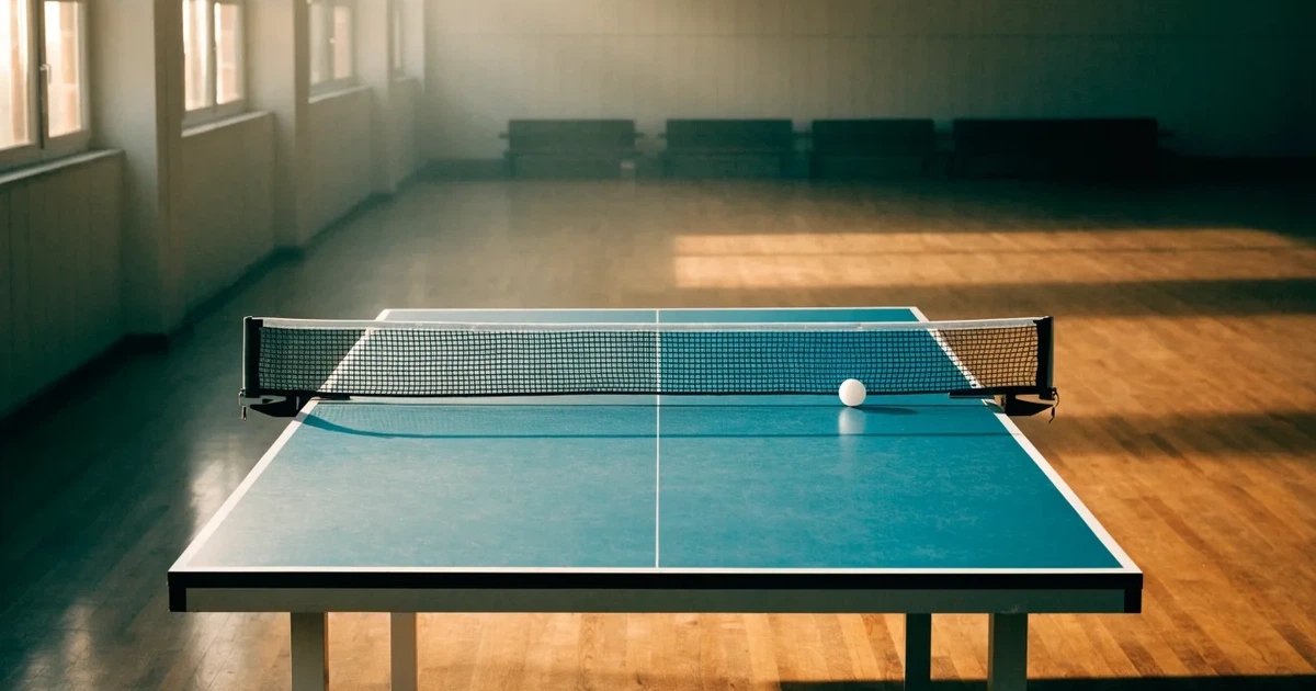 Eine Tischtennisplatte steht in einer leeren Sporthalle, ein einzelner Ball liegt am Netz und Tageslicht fällt von der Seite ein.