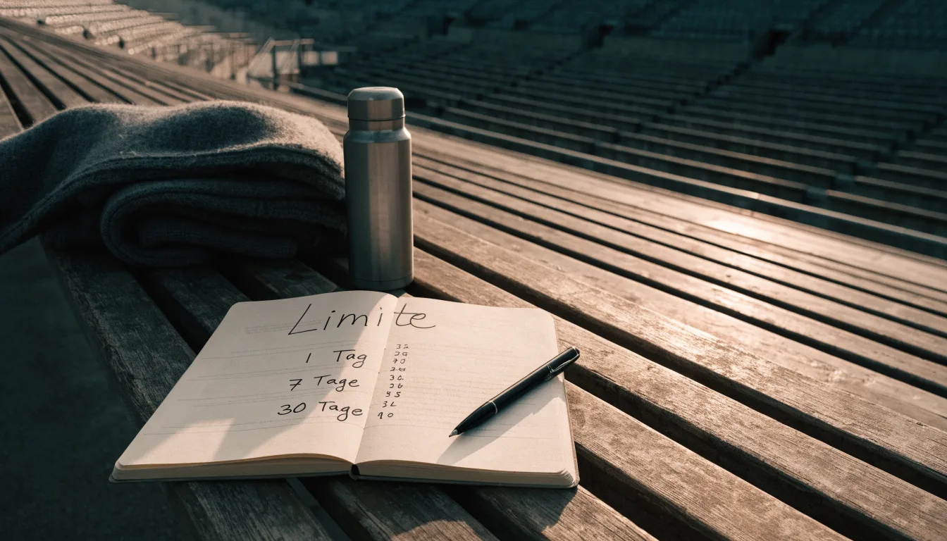 Eine Thermoskanne und eine zusammengelegte Wolldecke stehen auf einer leeren Stadionbank, die Sonne geht hinter den Rängen unter.