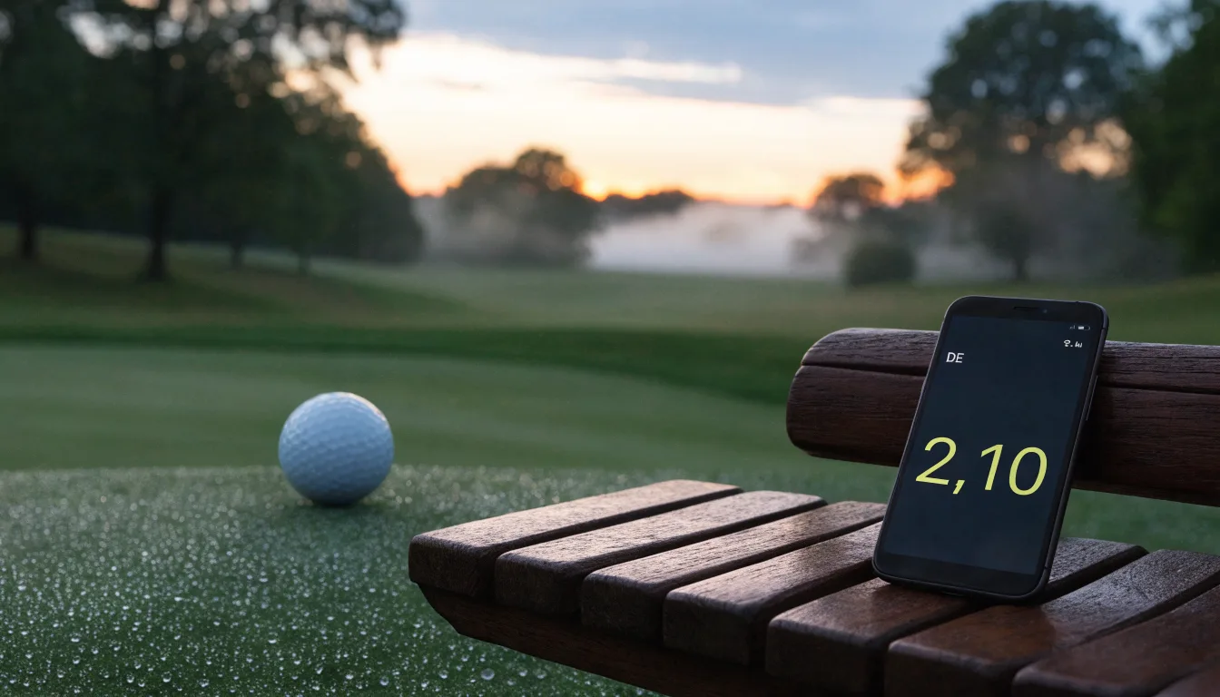 Ein Golfgrün bei Sonnenaufgang mit Tau auf dem Rasen, die Fahnenstange fehlt und im Hintergrund ziehen Nebelschwaden.