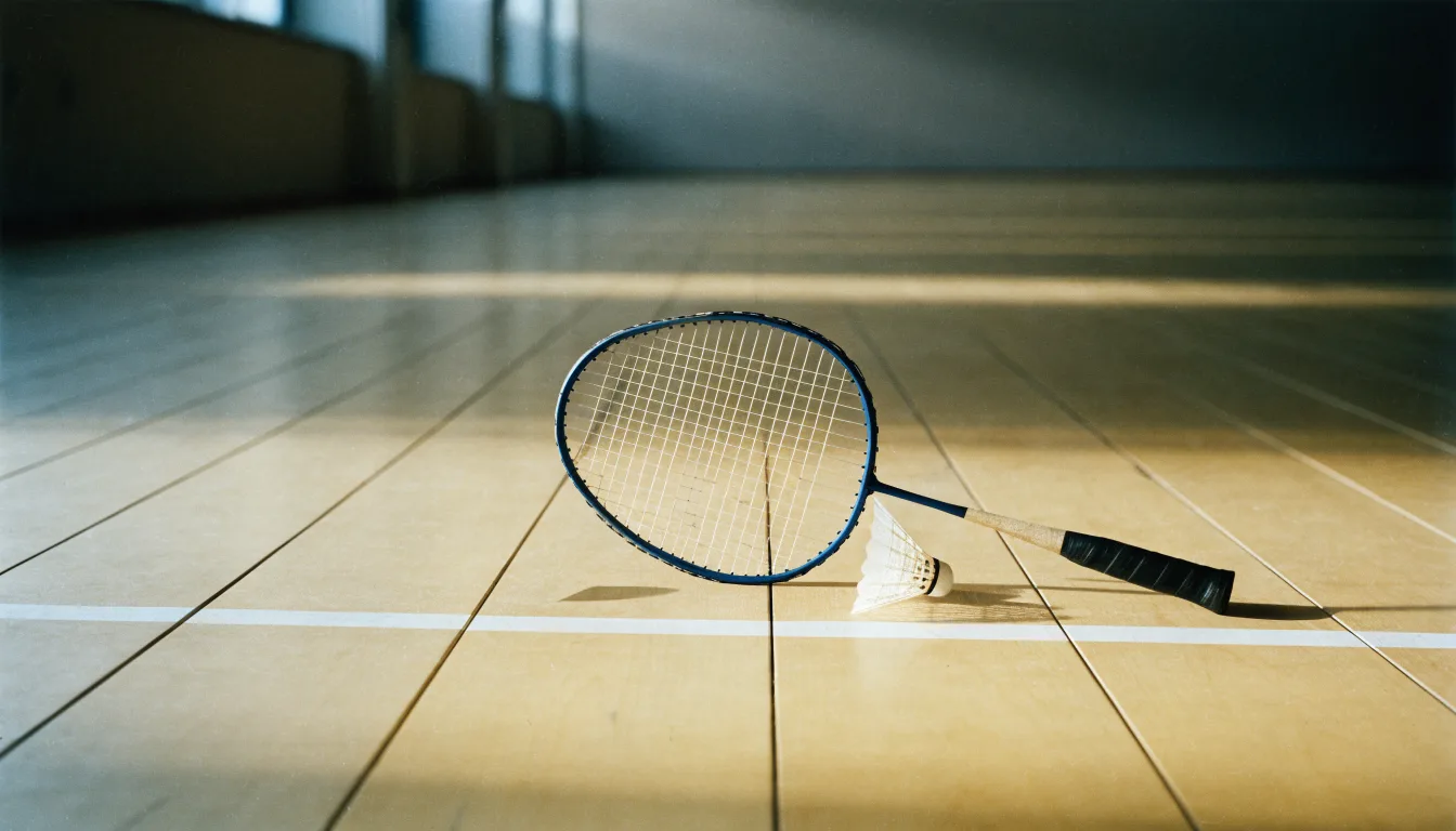 Ein Badmintonschläger liegt neben einem Federball auf dem hellen Hallenboden eines leeren Spielfelds.