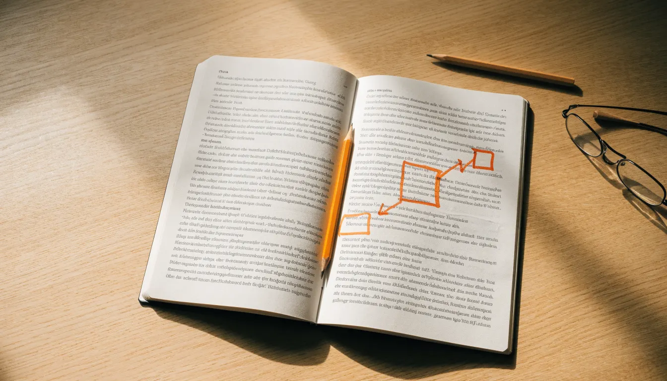 Ein aufgeschlagenes Notizbuch mit handgezeichneten Skizzen aus Kästchen und Pfeilen liegt neben einem Bleistift auf einem hellen Holztisch.