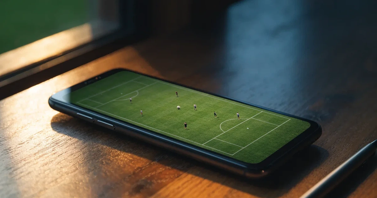 Ein menschenleerer Fussballplatz mit frisch gemähtem Rasen unter Flutlichtmasten in der Abenddämmerung, aus erhöhter Perspektive fotografiert.