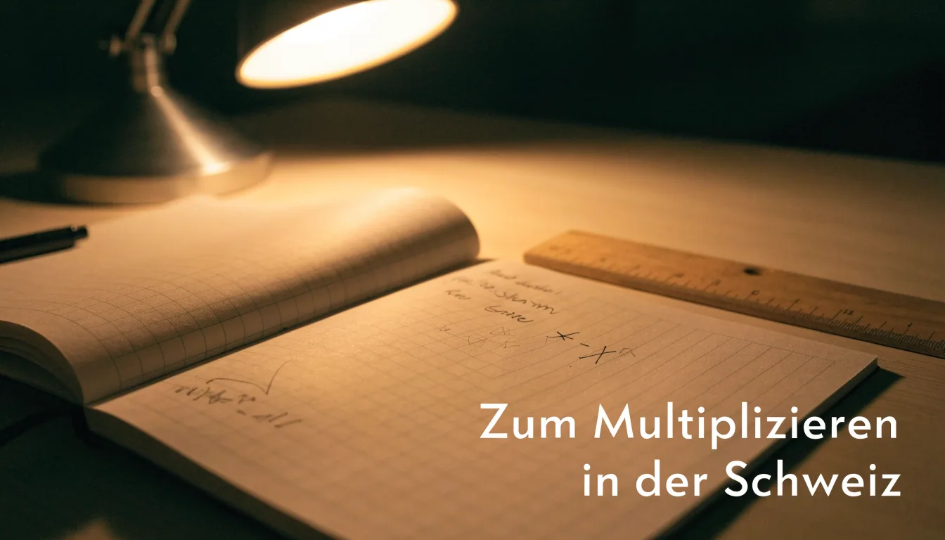 Eine Schreibtischlampe beleuchtet ein kariertes Heft mit handschriftlichen Skizzen, daneben liegt ein Lineal aus Holz.