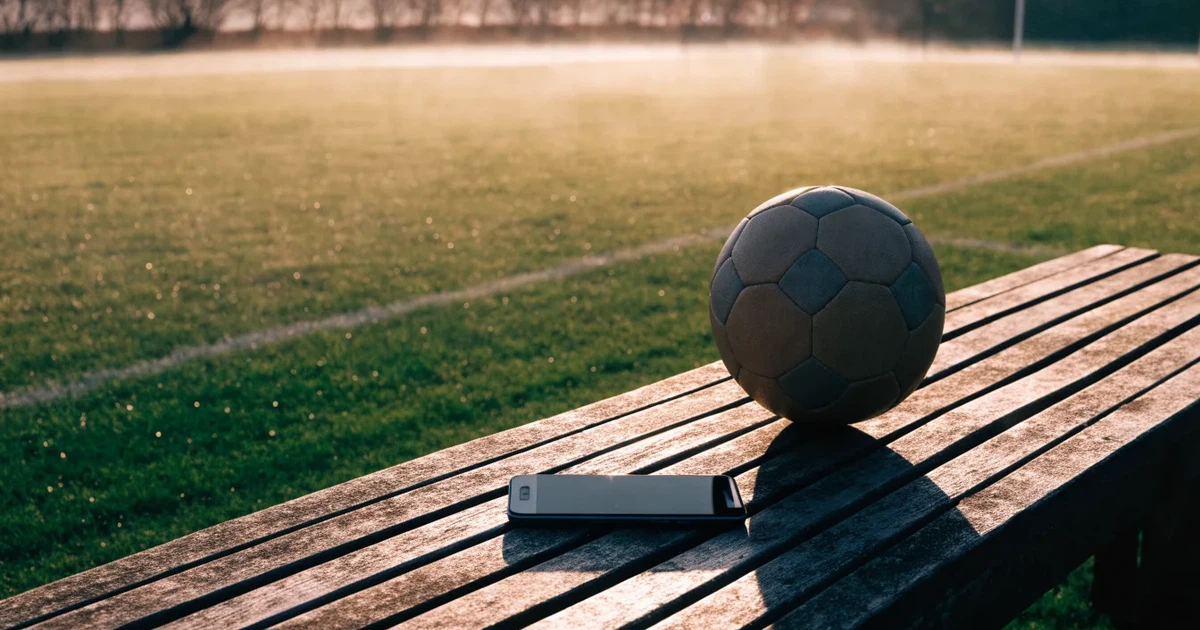Ein Smartphone mit dunklem Bildschirm liegt neben einem Fussball auf einer Holzbank am Rand eines Trainingsplatzes im Morgenlicht.