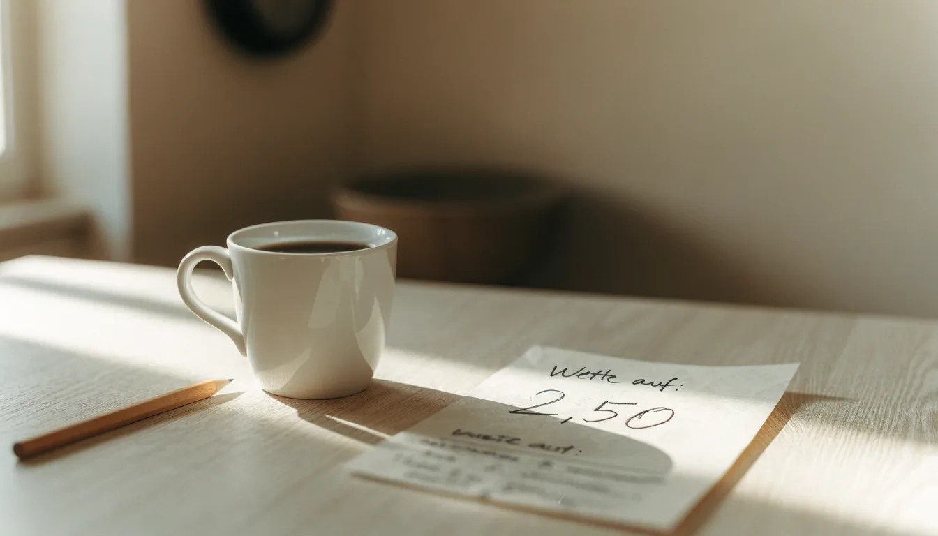 Eine Tasse Kaffee und ein Bleistift liegen auf einem sonnenbeschienenen Küchentisch neben einem leeren Notizblock.