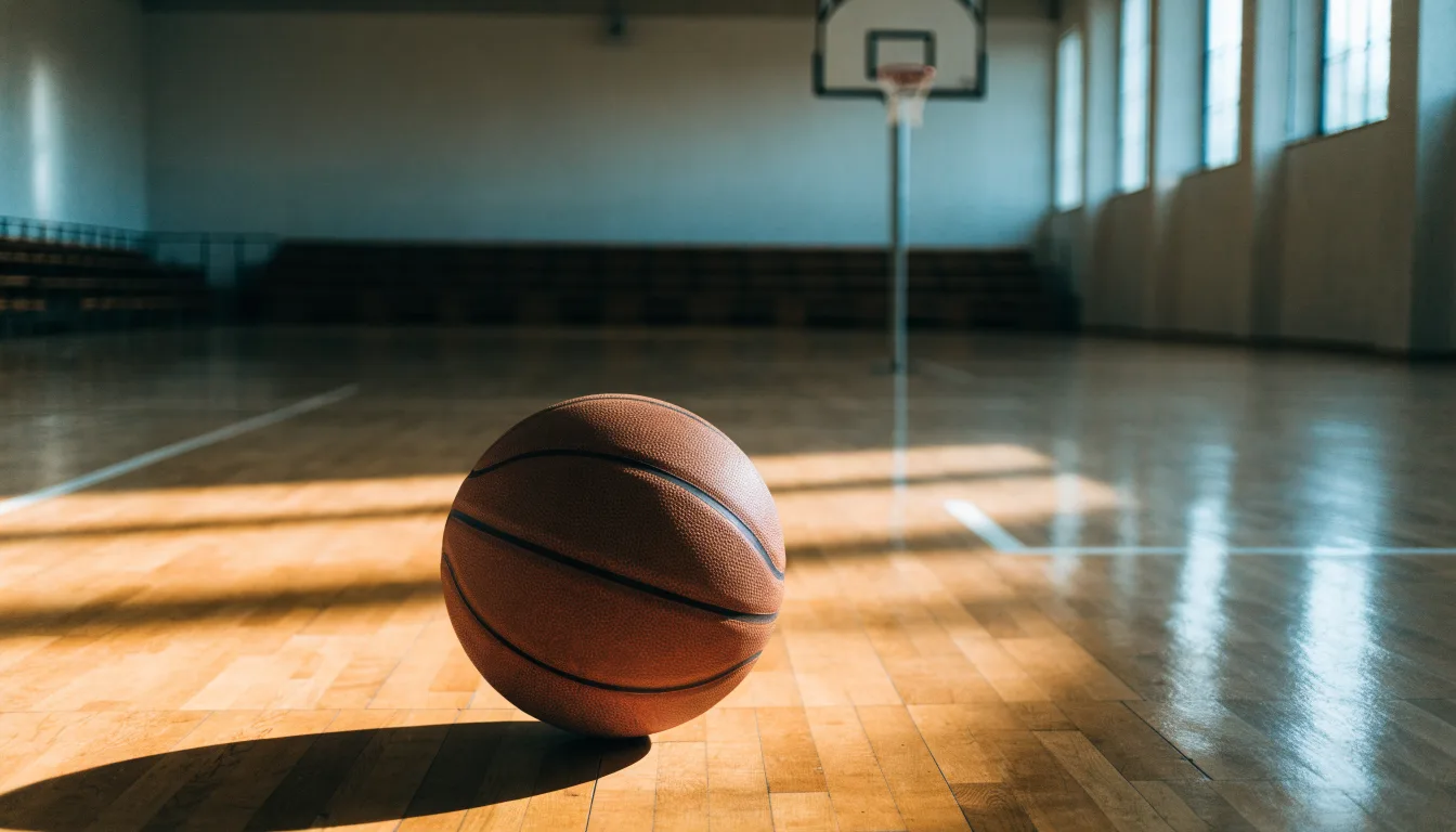Ein Basketball ruht auf dem Parkett einer leeren Sporthalle, durch hohe Fenster fällt Tageslicht.