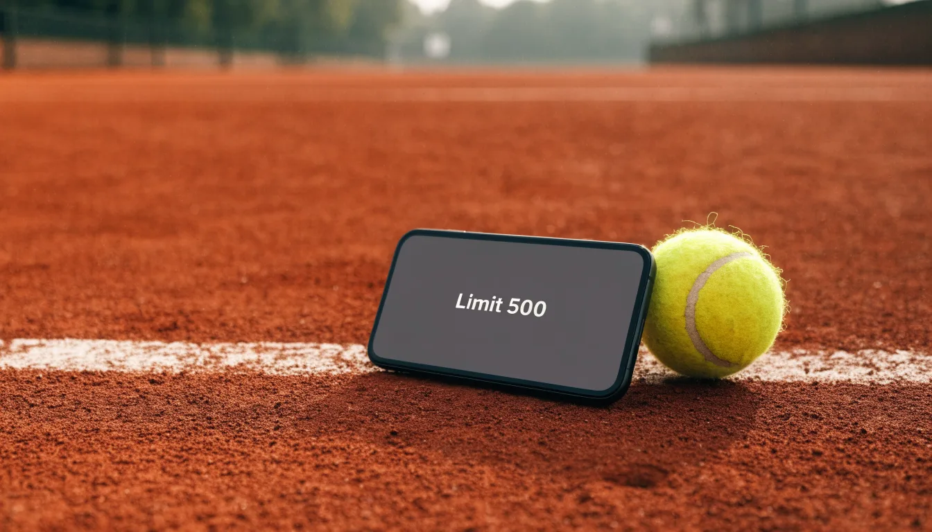 Ein Tennisball liegt auf rotem Sand neben einer verblassten Linie, das Licht ist weich.