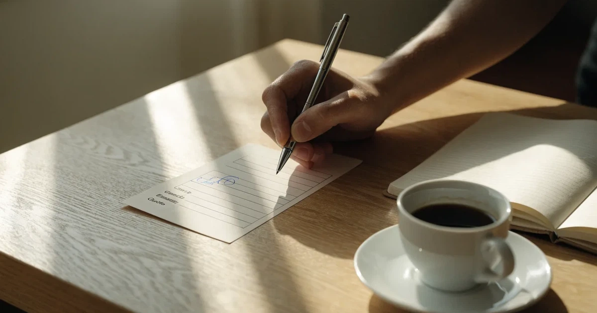 Eine Hand hält einen Stift über einem leeren Blatt, daneben eine Tasse Kaffee auf einem hellen Tisch.