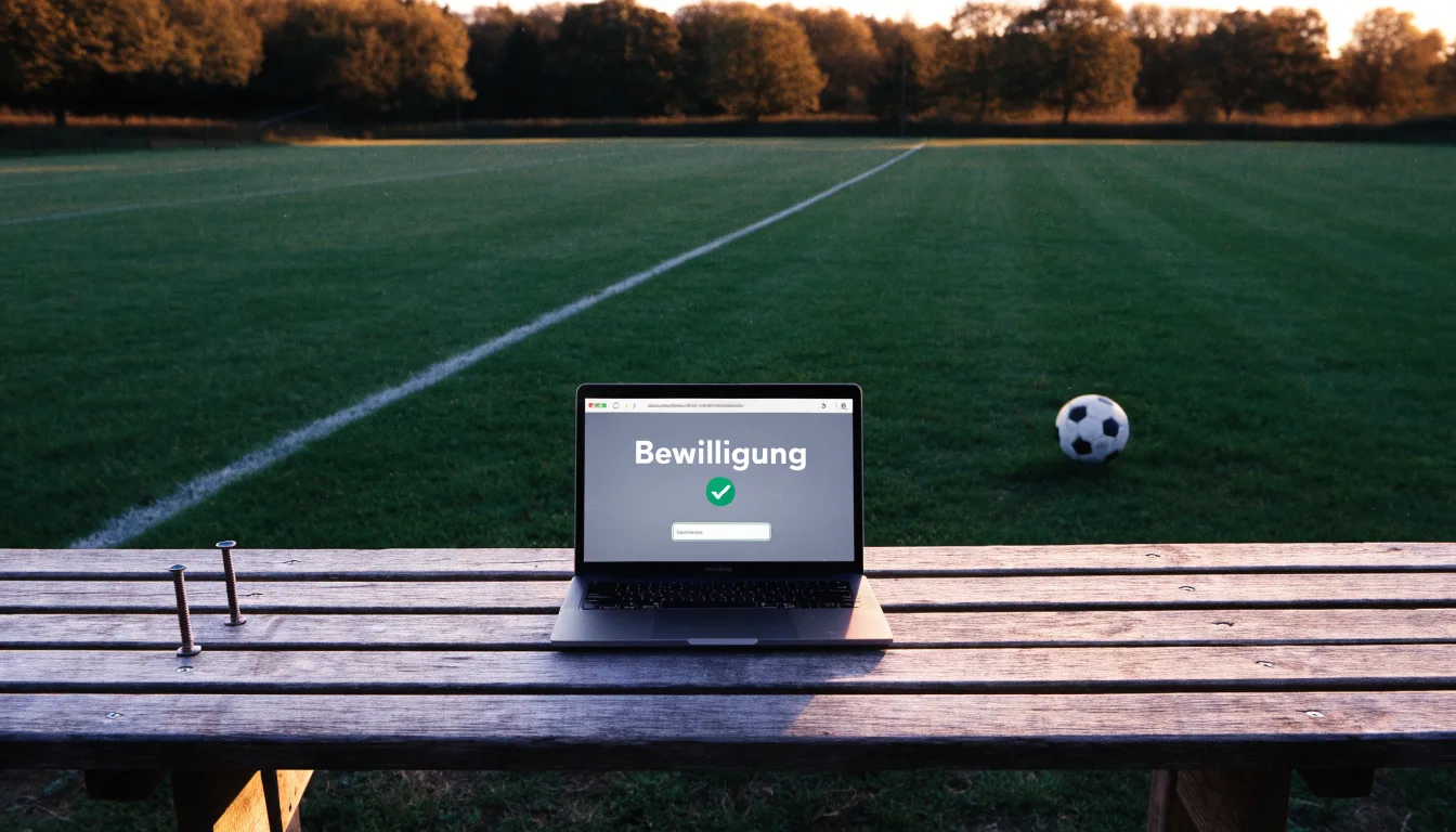 Eine hölzerne Bank steht an der Seitenlinie eines leeren Sportplatzes, dahinter Bäume im Herbstlicht.