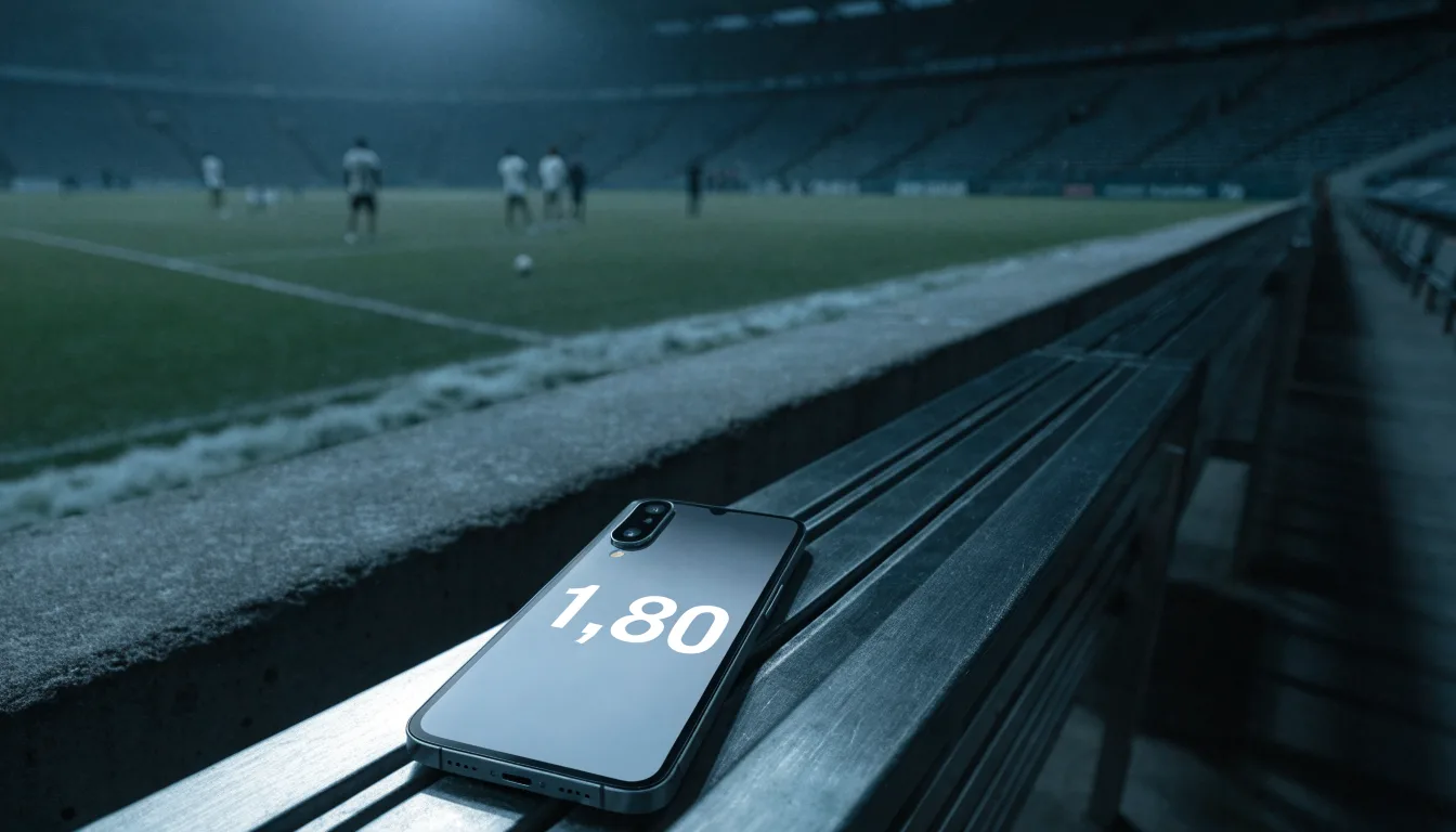 Ein grauer Wollschal und eine Thermoskanne liegen auf einem Sitz im winterlichen Stadion, Raureif liegt auf den Stufen.